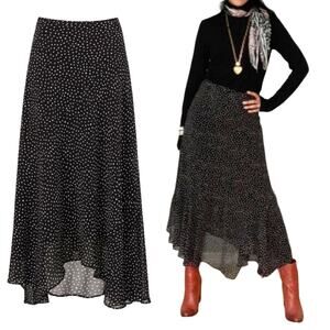 Cabi Sinatra Skirt Handkerchief Hem White Polka Dot Printed Midi Black Womens 14
